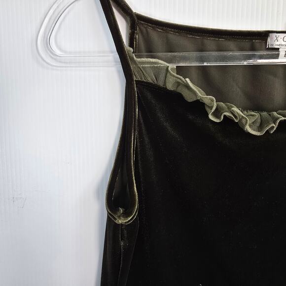 Y2K 90s XOXO Velvet Ruffle Trim Floral Embroidered Tank Top L Dark Green - Picture 6 of 7